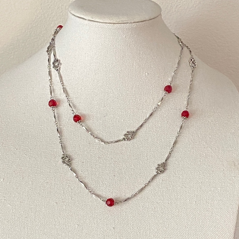 Carolee Silver Necklace with Red Beads